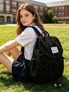 1pc Cute Bow Print Corduroy Drawstring Flap Student Backpack, Large Capacity Daily Backpack, Lightweight Campus Backpack, Fashion Accessory, Suitable For Girls/Teens/Students, Ideal For School, Work, Daily Use, Travel - Multicolor - View 8