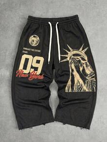 FRACTYR Men's Wide Leg Capri Pants, Summer American Street Style Drawstring Frayed Casual Sweatpants, Brand Solid Color Versatile Pants, Comfortable Breathable, Suitable For Summer Wear - Black - View 3