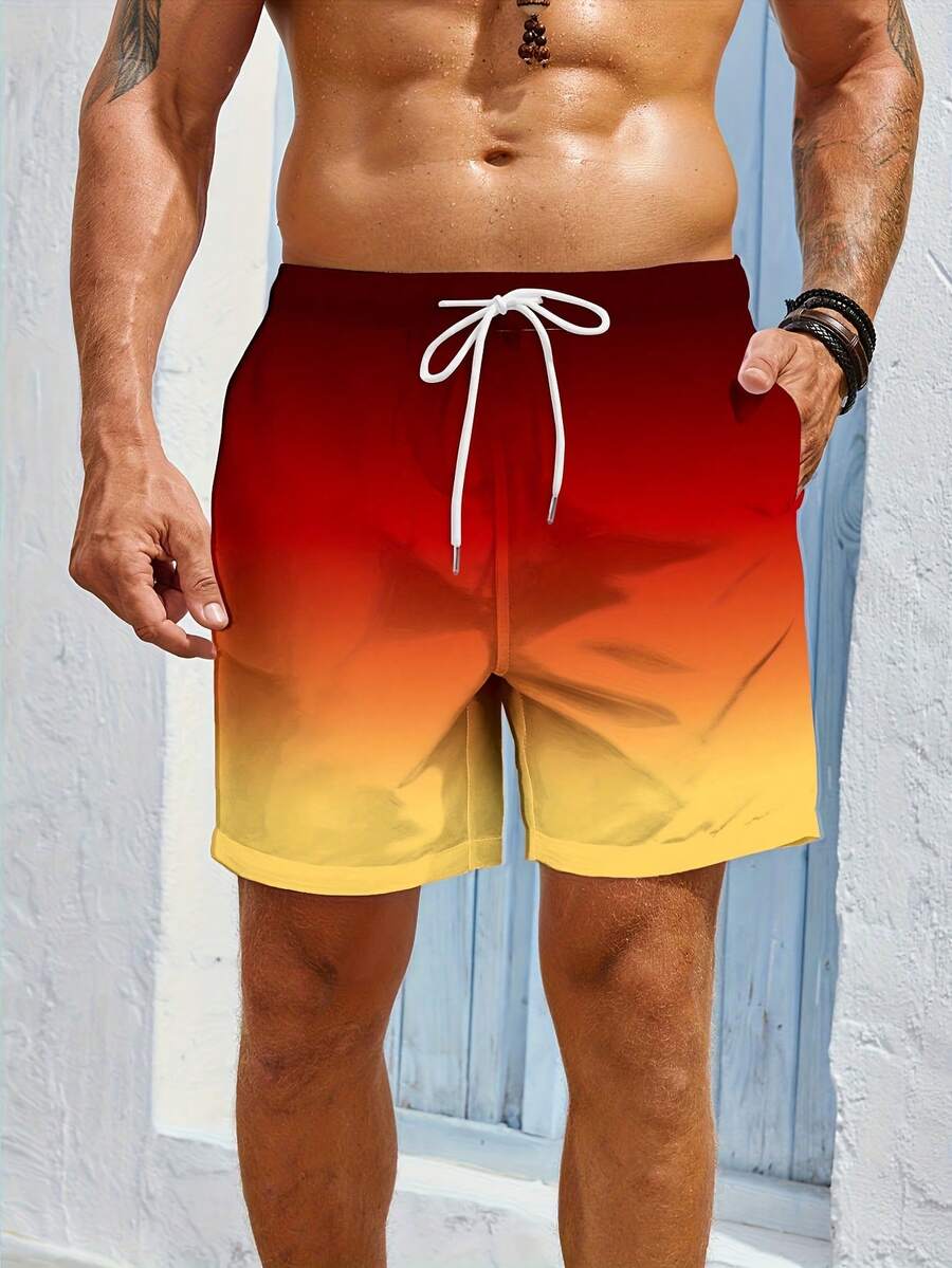 Summer Quick Drying Beach Shorts With Pocket Drawstring Elastic Waist Design, Loose And Breathable Quick Drying Five Quarter Pants, Hawaiian Style Beach Vacation Surfing Swimming Sports Pants, Beach Pants Suitable For Daily Leisure Free Shipping - 橘紅色 - 查看 1