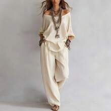 Women's 2 Piece Pants Set, Off Shoulder Loose Fit Top And Wide Leg Pants Casual Minimalist Bohemian Vacation Outfit - 霧霾藍 - 查看 3
