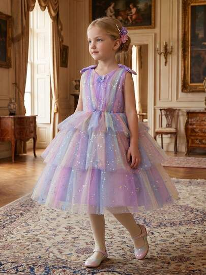 Young Girl's Elegant Princess Dress, Layered Rainbow Tulle Skirt With Sequins, Sleeveless V-Neck, Butterfly Decor, Suitable For Girls' Daily Wear, Vacation, Birthday, Party, Holiday, Evening Gown, Wedding, Banquet And Other Occasions
