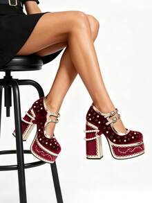 Fashion Women Platform Mary Jane Shoes Cross Strap High Chunky Heels Pumps Shoes Elegant With Pearl Ankle Chain Rhinestone Studded Strap Buckle Shoes For Wedding And Party - 紅色 - 查看 8
