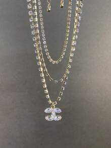 LADYCOCO 3pcs Fashionable & Elegant Gemstone Chain With Rhinestone Pendant Necklace Set, Suitable Jewelry Gift For Women - Gold - View 5