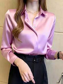 Áo sơ mi nữ dài tay màu đen thanh lịch, chất liệu polyester hơi xuyên thấu, có cúc cài, hoàn hảo cho mùa xuân/hè/thu. - Màu Hồng  Dưa hấu - Xem 3