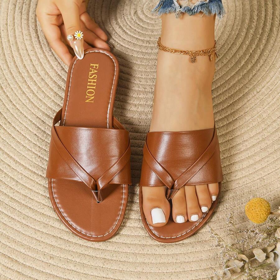 1 Pair Solid Color Casual PU Leather Flat Sandals, Beach Vacation Flip Flops - Brown - View 1