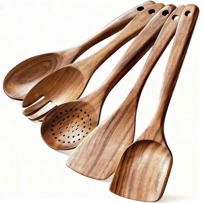 5 piezas de utensilios de cocina de madera - Herramientas de cocina, aptas para utensilios antiadherentes, espátula, espumadera, tenedor de ensalada y cucharón de sopa de madera resistentes al calor