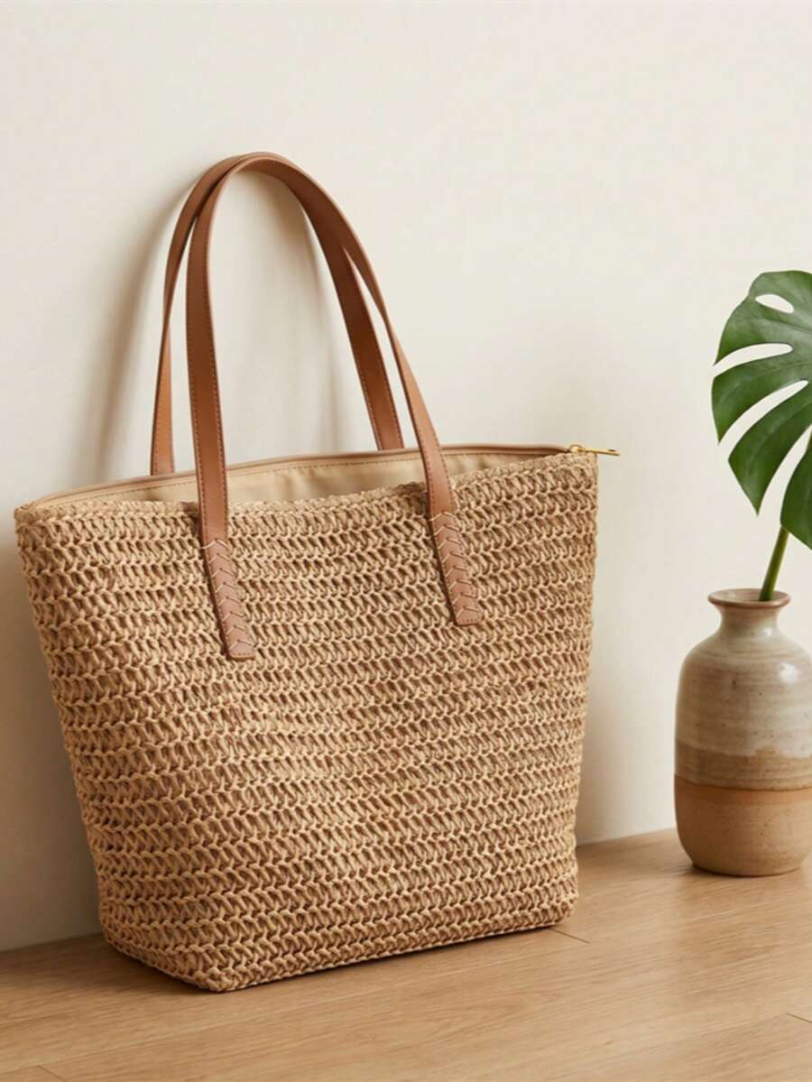 Handmade Straw Beach Tote Bag For Women, Large Capacity Crochet Boho Shoulder Bag, Comfortable Woven Handbag For Summer Vacation, Beach & Daily Use - 卡其色 - 查看 1