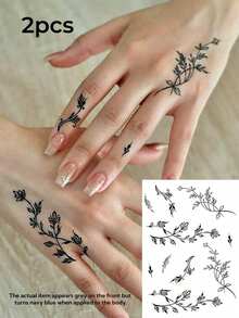 2pcs Washable Temporary Tattoo Sticker Y2K Style Red Leaf Hand Tattoo Sticker Waterproof And Sweatproof Suitable For Trendsetters - Black - View 7