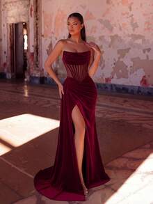 ADYCE Solid Color Strapless Long Satin Front Slit Backless Formal Dress, Suitable For Parties, Banquets, Balls, Galas, Wedding Guests, Graduation Ceremonies, New Year's Galas, Etc. (Gloves Not Included) - Burgundy - View 6