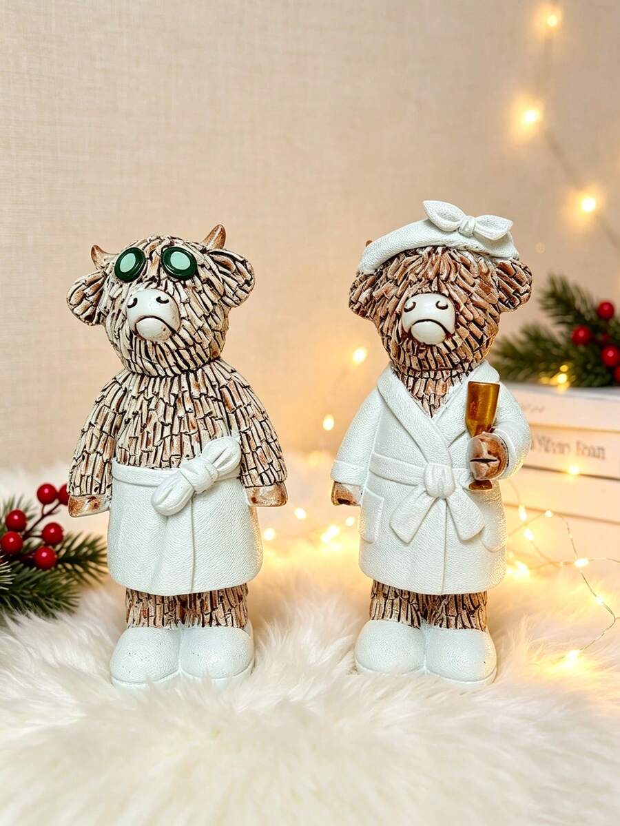 Cute Highland Cow Resin Figurines For Spa & Spa Room Decor, Soft White Robe Design With Green Eye Mask & Golden Cup, Perfect For Bedroom, Bathroom, Office Desk & Christmas Gifting, Durable Resin Material, Ideal Farmhouse & Cozy Home Ornaments - 1PC - View 1