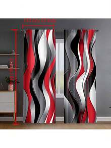 2D Flat, 2-Piece Festive Christmas Decor Window Curtains, Digital Print With Red & Black Wavy Stripe Design, Christmas Window Curtain Gift For Bedroom, Living Room, Office, Night Curtain Suitable For General Festivities And Winter Holiday Parties, Perfect For Living Room, Kitchen, Bedroom, And Holiday Winter Decor, Outdoor Christmas Decorations, Rod Pocket Design, Fade-Resistant, Xmas Artistic Style - 彩色 - 查看 3
