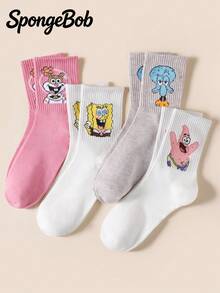 SpongeBob SquarePants 4双装女士趣味个性化卡通可爱多色提花系列章鱼哥图案中筒袜，运动款，四季皆宜，欧美尺码，舒适耐磨，色彩丰富，适合日常穿着，优质面料 - 彩色 - 查看 9