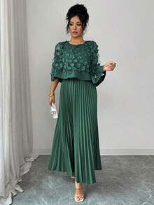 Vestido con decoración floral elegante y bajo plisado, adecuado para bodas, fiestas de cumpleaños y otras ocasiones, otoño - Verde Oscuro - Ver 3