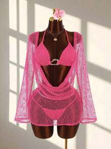 3 piezas Conjunto de Bikini de Mujer - Top, Bottom y Cubrimiento - Beis - Ver 11