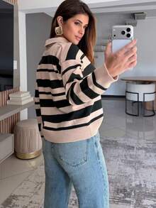 Striped Polo Shirt In High-Quality Modal Knit, Wide Leg, For Mother's Day - Beige - View 2