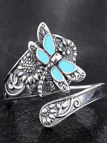 1pc Retro Unique Bohemian Design Creative Elegant Versatile Dripping Glaze Butterfly Spoon Shape Adjustable Open Ring, Suitable For Women's Daily Wear, Evening Party Accessories, Great Gift For Family & Friends - Antique Silver - View 4