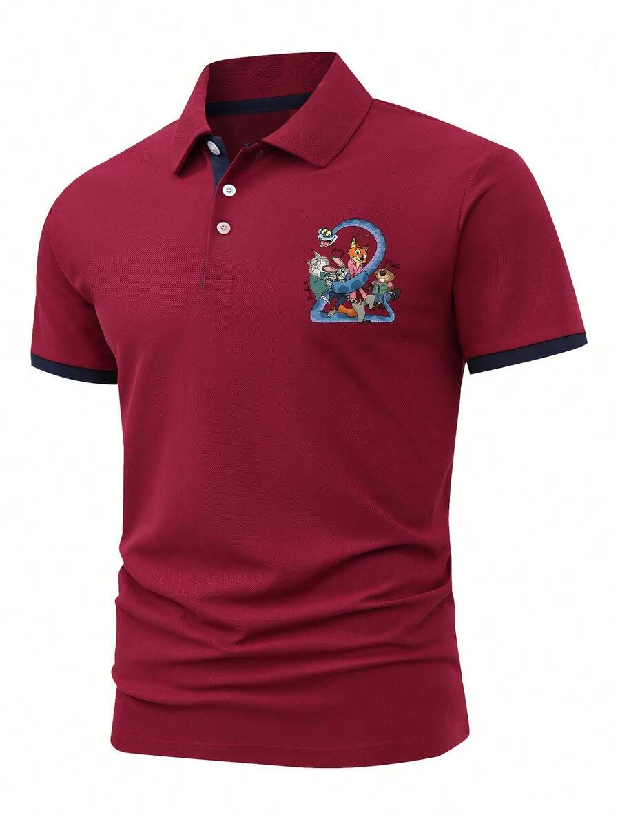 This Formal Men's 210g Short-Sleeved Shirt Is A Summer Style Featuring A Judy Disney Logo With A Blue Snake Entwined Around Her From Zootopia. The Disney Logo Blends Business Casual Style With A Stand-Up Collar And Turn-Down Collar Design, Making It Suitable For Everyday Wear And Golf. - 酒紅色 - 查看 1