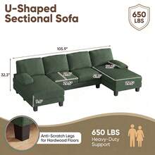 Devoko U-Shaped Sectional Sofa Couches For Living Room,105"  Fabric Couch With Double Chaise,Comfy 4-Seat Modern Sofa For Apartment - 綠色燈芯絨 - 查看 2