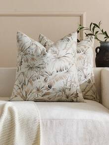 1pc Khaki & White Palm Leaf Pattern (No Filling) Vintage Floral Decorative Throw Pillow Cover, Fashionable Retro Comfortable Jacquard Chenille Fabric + Faux Cashmere Trim, Suitable For Home Decor, Sofa, Bed, Bedroom, Gifts, Holidays, All Seasons - Khaki - View 2