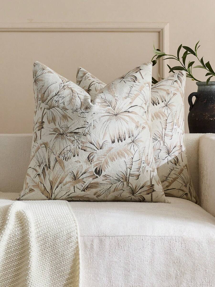 1pc Khaki & White Palm Leaf Pattern (No Filling) Vintage Floral Decorative Throw Pillow Cover, Fashionable Retro Comfortable Jacquard Chenille Fabric + Faux Cashmere Trim, Suitable For Home Decor, Sofa, Bed, Bedroom, Gifts, Holidays, All Seasons