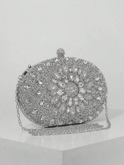1pc Luxury Red Sequin Evening Clutch, Decorated With Sparkling Rhinestones, With Metal Chain Shoulder Strap, Perfect For Weddings, Formal Parties And Elegant Occasions. Also An Ideal Gift For Women.