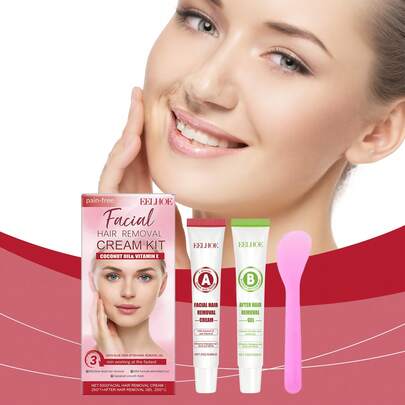 Set de crema depilatoria facial sin dolor con aceite de coco y vitamina E, 25g - Crema depilatoria + gel posterior a la eliminación, fórmula refrescante y no obstructiva, piel suave, apto para el cuidado diario de la piel y regalos