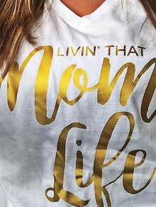 Women Loose Style T-Shirt, White Letters Printed Pattern Short Sleeve V-Neck Tops, S/ M - White - View 4