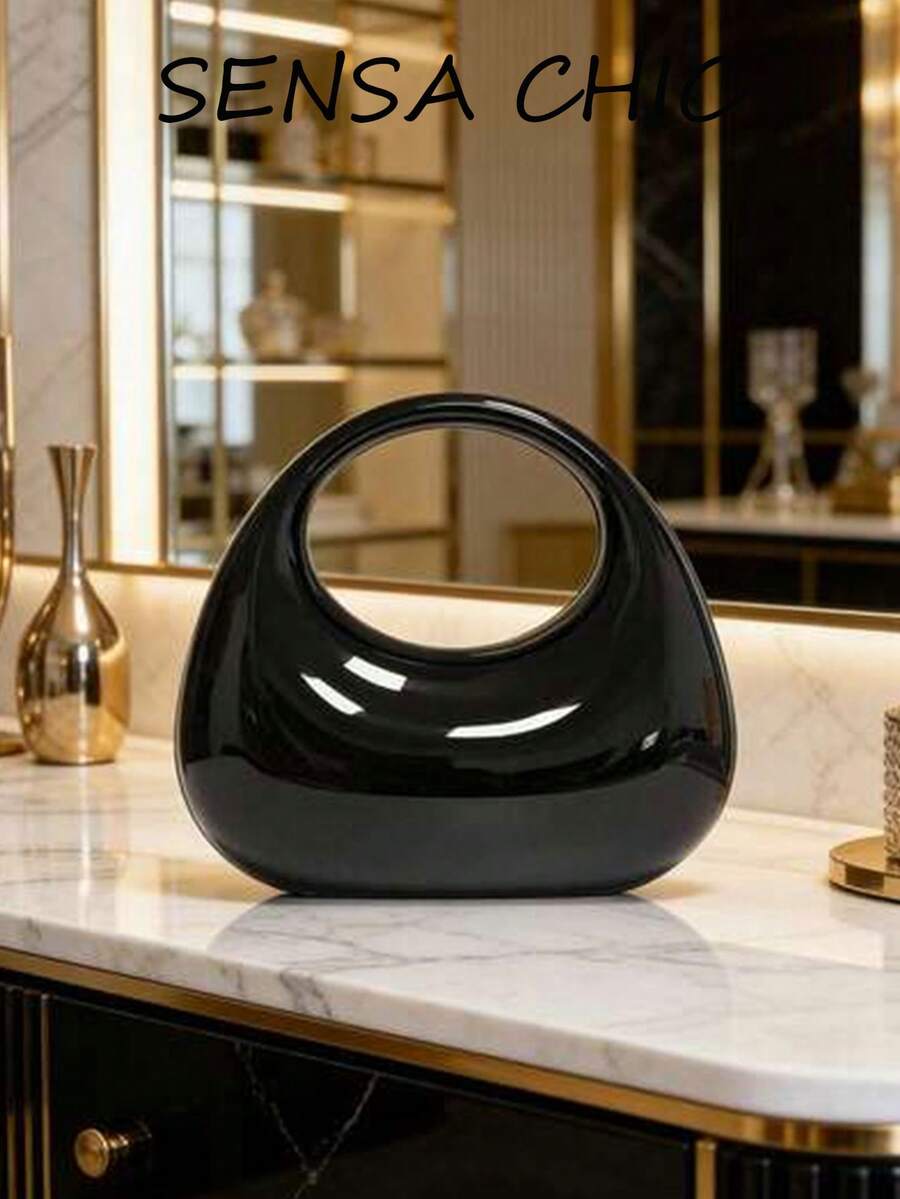 Túi xách nữ màu đen bằng acrylic, kiểu dáng độc đáo hình vòng bất đối xứng với dây đeo xích vàng, túi tote sang trọng cho các dịp trang trọng, tiệc tùng, mua sắm, phù hợp cho mọi mùa, túi xách tối giản thời trang dành cho phụ nữ công sở và trẻ trung. - màu đen - Xem 1
