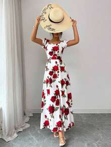 Elenzya Women's Floral Rose Print Square Neck Cinched Waist A-Line Puff Sleeve Elegant Everyday Vacation Commute Fashion Valentine's Day Date French Street Retro Versatile Party White Base Red Rose Print Early Spring/Spring Summer Short Sleeve New Mid-Length Dress - 彩色 - 查看 6