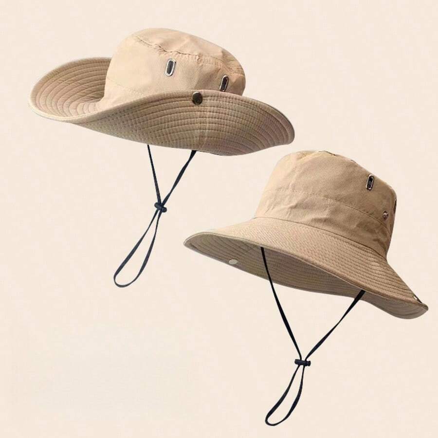 Sun Protection Hat Outdoor Fishing Hiking Hat Western Cowboy Hat Unisex Drawstring Bucket Hat Wide Brim Summer Vacation - Khaki - View 1