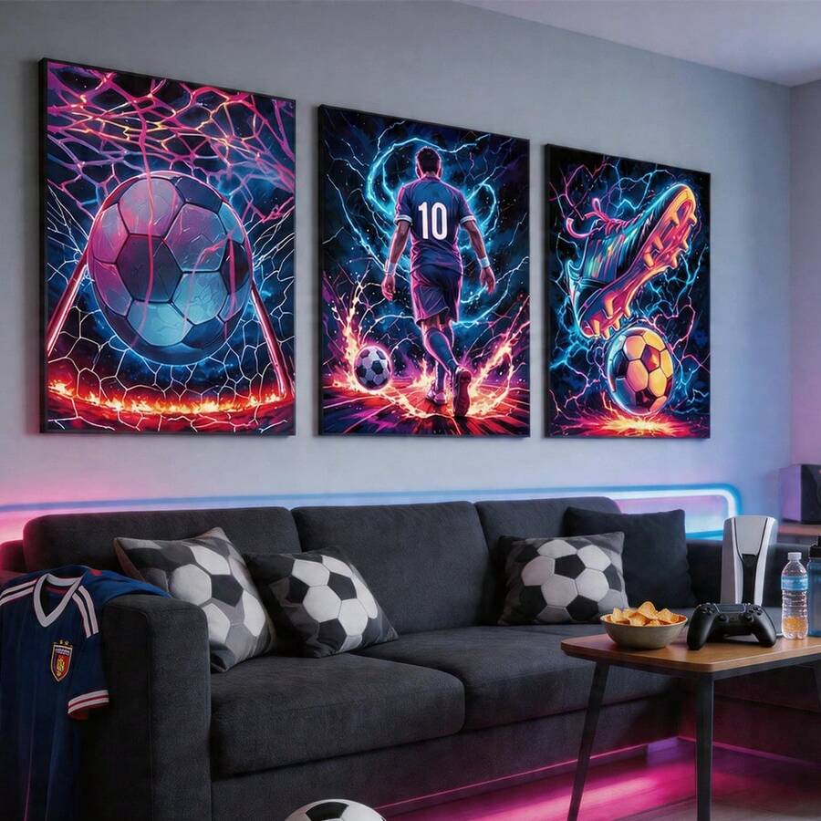 Set di 3 pezzi di arte da parete in tela con tema calcio al neon, stampe vibranti di fuoco e fulmini, decorazione sportiva moderna per sala giochi, camera da letto e stanza degli uomini, con cornice opzionale