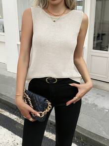 Women's Solid Color Knit Vest, Retro Japanese Style Layering Casual Short Cardigan, Versatile For Summer Vacation, Autumn, Spring - Beige - View 3