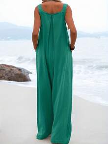 Women's Casual Solid Color Button Strap Wide Leg Jumpsuit, Spring/Summer Elegant - Mint Green - View 3