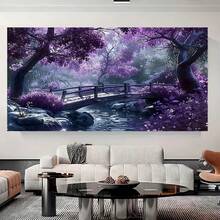 1 Pieza de Arte en Lienzo con Marco de Glicinia Morada - Pintura Floral Inspirada en Japón con Marco de Madera Grueso, Paisaje Sereno Listo para Colgar - Flores Vibrantes para Sala, Dormitorio, Oficina o Baño - Decoración Hogareña, Regalo de Adorno Floral, Obra de Arte 2D Plana en Madera Sólida Natural, Ideal para Decorar Habitaciones - Enmarcado - Ver 3