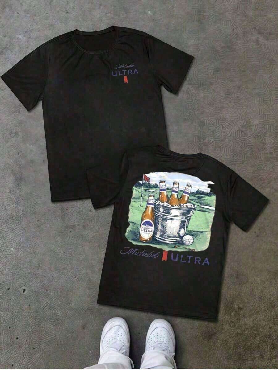 Graphic Hoodies, Cotton T-Shirt, Michelob ULTRA Beer Bucket Theme Double-Sided Digital Print T-Shirt, 1 Piece, Men's Casual T-Shirt, Summer Sports T-Shirt, Y2K Style, Oversized Sizes S To 5XL, Summer T-Shirt P5WIsommer - Black - View 1