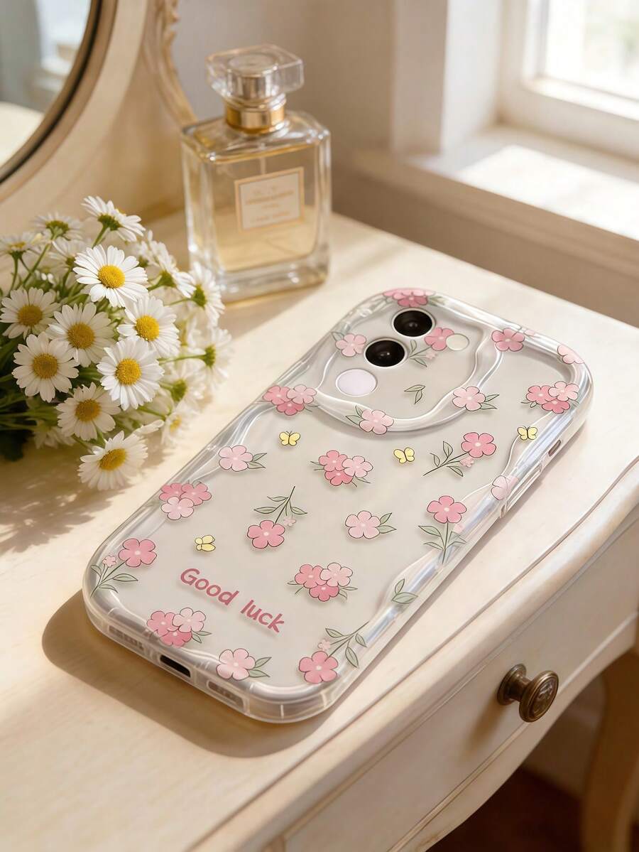 1 chiếc ốp lưng điện thoại bằng chất liệu TPU mềm mại, họa tiết sóng Dopamine, in hình chữ "GOOD LUCK" dễ thương khắp bề mặt, tương thích với Galaxy S21 S22 S23 S24 S25 S26/Honor/ và các dòng điện thoại khác. - Trong sáng - Xem 1