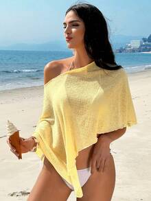 Top de Protección Solar Estilo Vacacional a la Moda, Cubrebañador de Punto Liso con Dobladillo Irregular, Traje de Baño Casual Holgado - Amarillo - Ver 2