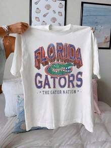 T Shirt Print ,Graphic-Cotton Tees Size Plus, Cartoon Round Neck Short Sleeve, Gator Nation Featuring  With Alligator Graphic,Vintage Collegiate Font,Soft 220g Tshirt Classic Fit Casual Comfort Tee. ,Y2K,Oversized Shirt Men,With Shirt,Summer Tops,Shirt Suitable - 白色 - 查看 1