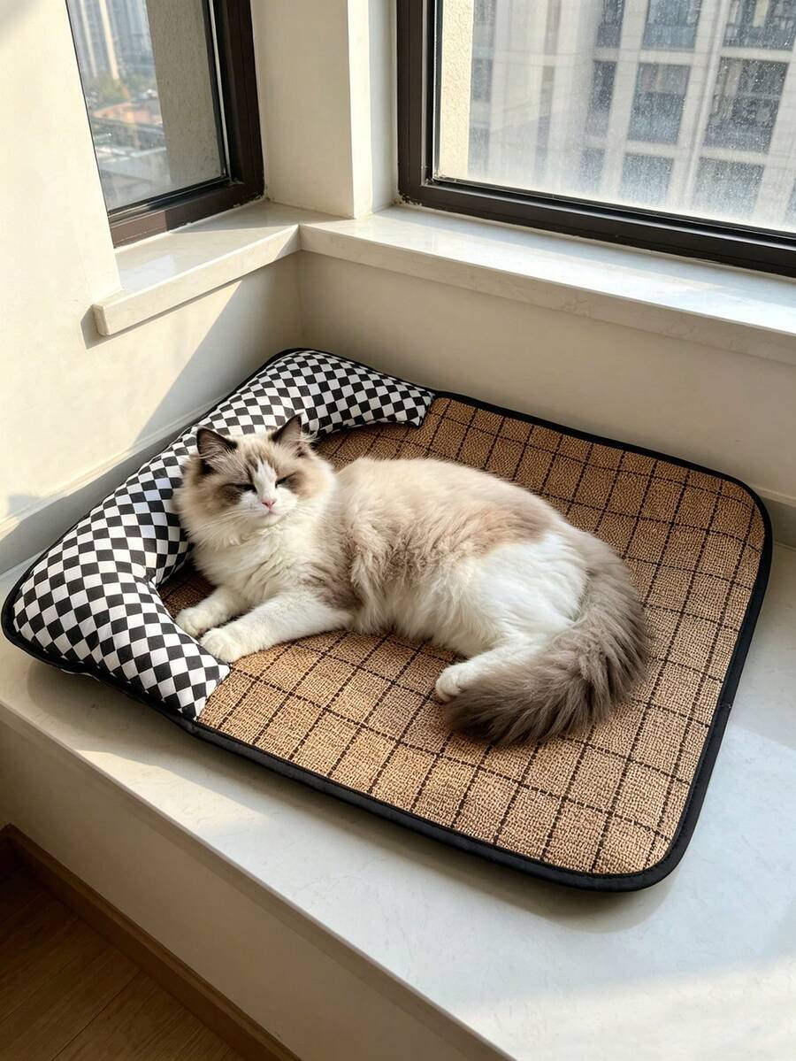 1pc Cat Cooling Mat, Pet Sleeping Pad, Wear-Resistant & Breathable, Cute Black Plaid Design - Black - View 1