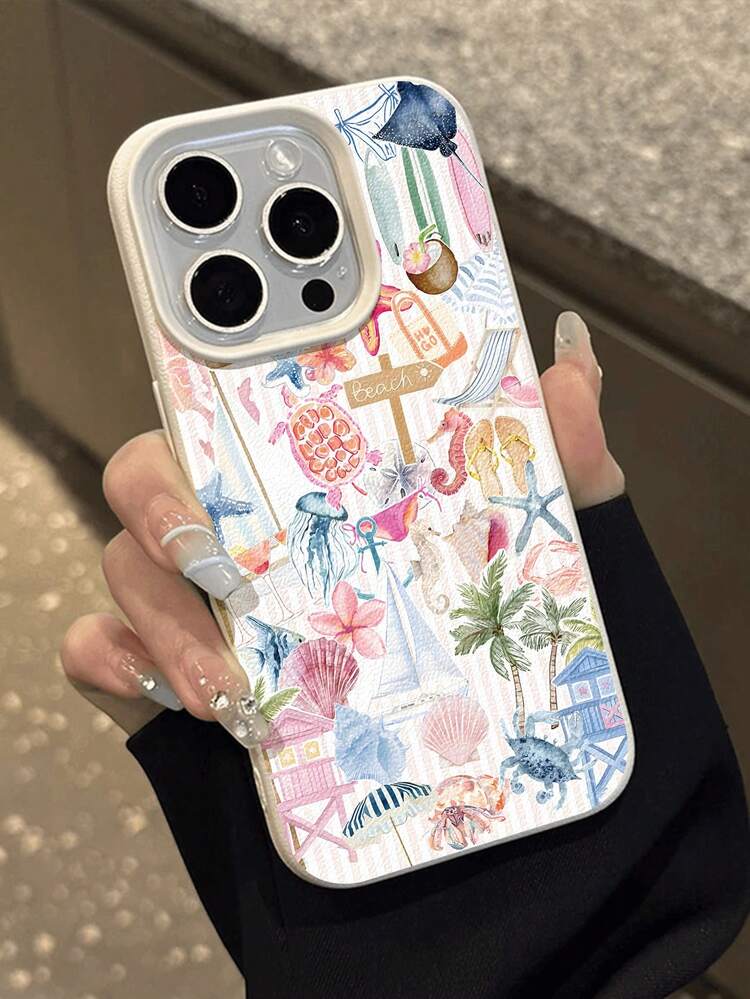 1 pieza Funda de teléfono suave con textura de litchi, a prueba de caídas y antideslizante, con diseño de árbol de coco, caballito de mar y tortuga marina, compatible con Apple y otros teléfonos, para vacaciones de verano de moda - Multicolor - Añade 5