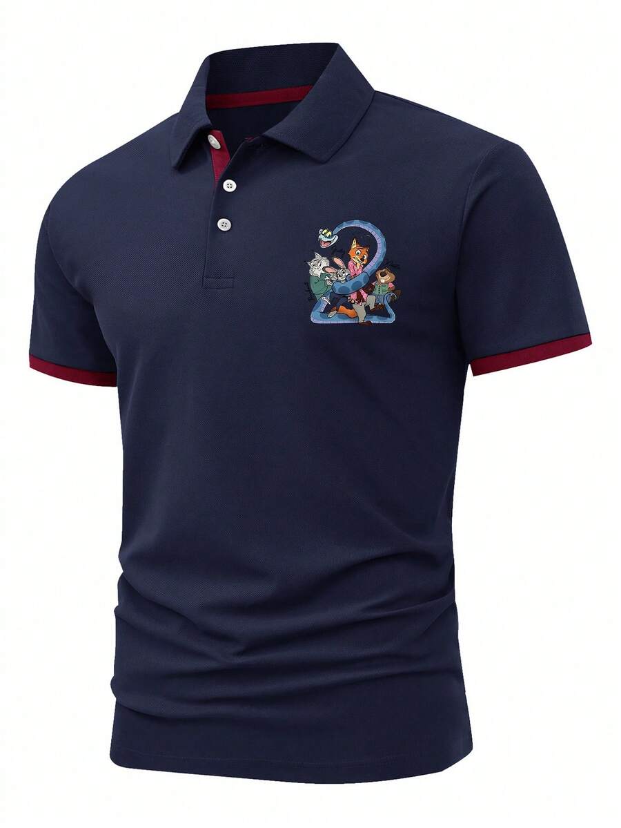 This Formal Men's 210g Short-Sleeved Shirt Is A Summer Style Featuring A Judy Disney Logo With A Blue Snake Entwined Around Her From Zootopia. The Disney Logo Blends Business Casual Style With A Stand-Up Collar And Turn-Down Collar Design, Making It Suitable For Everyday Wear And Golf. - 藏青色 - 查看 1