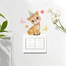 4件套丛林动物开关墙贴套装，包含4种可爱的野生动物：戴着花环的大象、戴着派对帽的长颈鹿、斑马和鹿，充满童趣的田园风动物贴纸，适用于儿童房、客厅、婴儿房装饰，可移除，即撕即贴，趣味十足的丛林主题派对艺术 - 彩色 - 查看 5