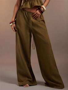 Women's Sexy Casual Wide Leg Linen Long Pants - Army Green - View 7