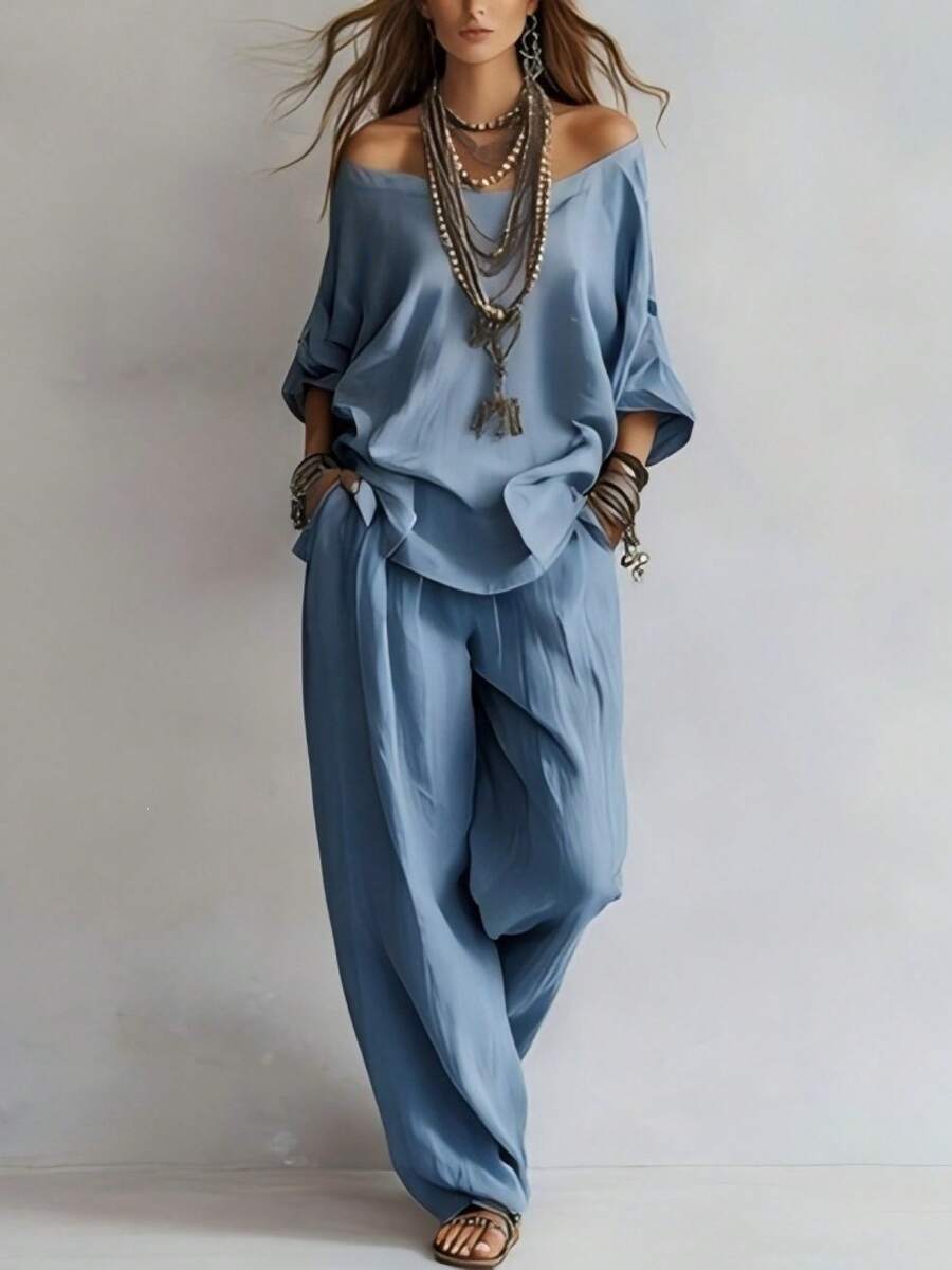 Women's 2 Piece Pants Set, Off Shoulder Loose Fit Top And Wide Leg Pants Casual Minimalist Bohemian Vacation Outfit - 霧霾藍 - 查看 1