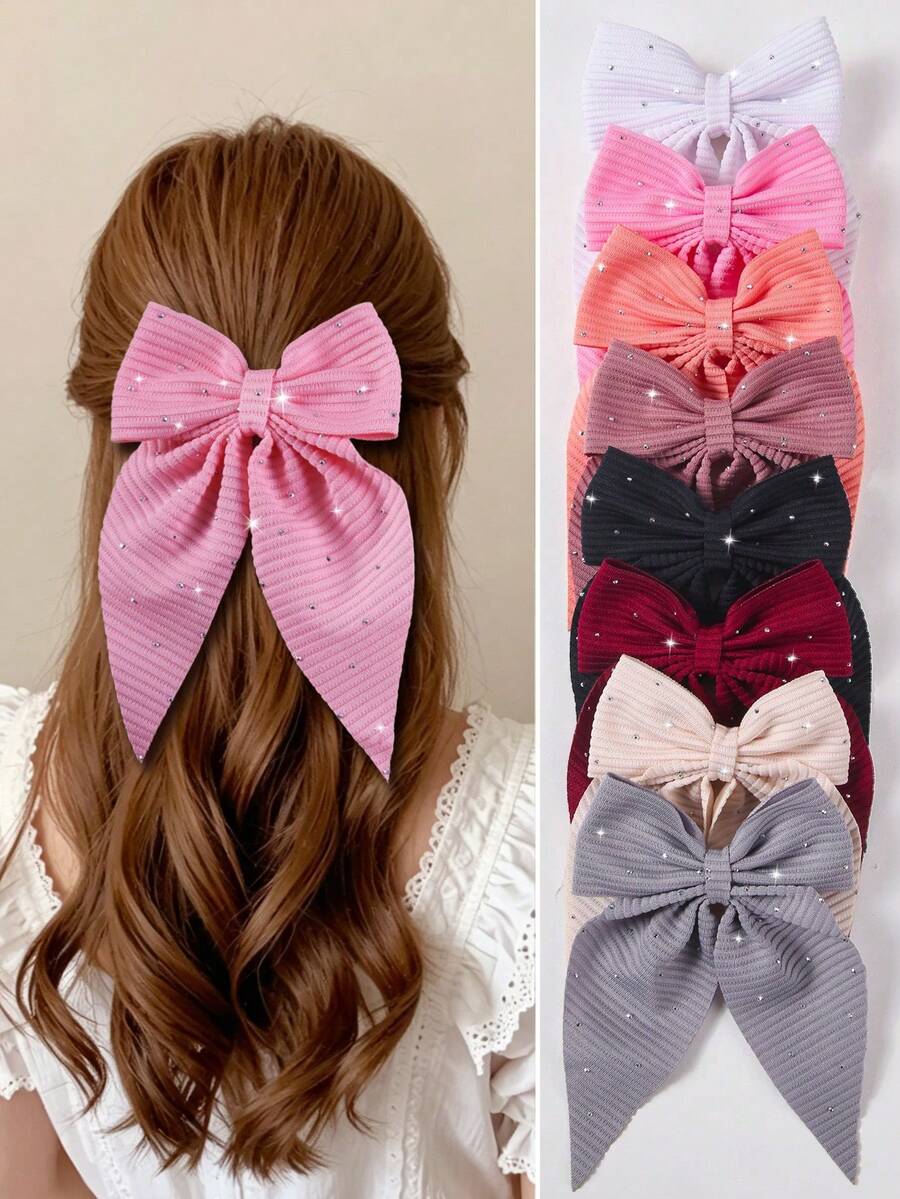 8pcs/Set Girls Colorful Rhinestone, Striped, Bow Hair Clips, Hair Accessories, Barrettes, Claw Clips, Suitable For School, Daily Use - Multicolor - View 1