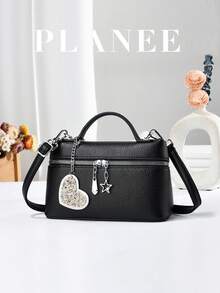 [PLANEE] Túi đựng mỹ phẩm cầm tay bằng da mềm họa tiết vải thiều, mặt dây chuyền hình trái tim đính sequin, túi đeo chéo nhỏ xinh có khóa kéo hình ngôi sao, túi đeo vai đa năng màu trắng sữa dành cho nữ. - Nhiều màu - Xem 6