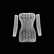 New Fishnet Mesh Two-Piece Set, Strapless Bandeau Hollow Out Outfit, Sheer See-Through Bodycon Mini Dress Suit For Party Styling - 黑色 - 查看 7