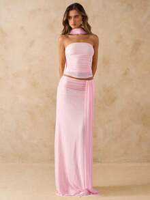 Conjunto de 2 piezas de top bandeau drapeada de color rosa sólido y falda larga drapeada y anudada a la cintura baja, conjunto de ropa de playa y vacaciones, vestido bohemio de espalda descubierta, atuendo para conciertos de mujer, vestimenta de - Rosa coral - Ver 6