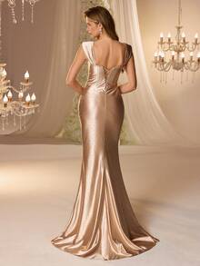 Vestido de Festa Elegante Rolarold com Aplicação de Renda, Fenda Alta e Paetês Reversível, Adequado para Cerimônia de Formatura, Banquete e Outras Ocasiões. Mangas Destacáveis para Festa de Casamento - Champanhe - Visão 3