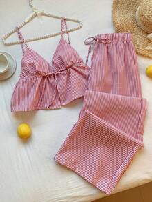 Conjunto dos piezas de algodón para mujer conjunto casual de vacaciones  verano 2026 top de tirantes corto a rayas amarillas y blancas con lazada delantera y pantalones holgados anchos a rayas ideal para uso diario vacaciones y días calurosos de temporada cálida - Rojo y blanco - Ver 5